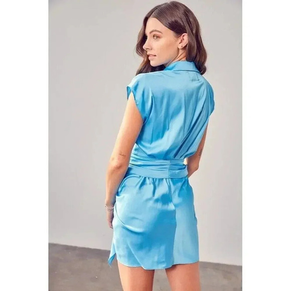 NEW DO + BE Blue satin collar dress tie front ruched mini party size MEDIUM - Picture 2 of 10